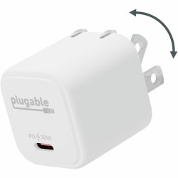 Plugable GaN USB C Charger Block, 30W Portable Charger - Foldable Prongs, PPS USBC Fast Charger for iPhone 14, iPad Pro, Samsung Galaxy S23 and more (Cable Not Included) - White