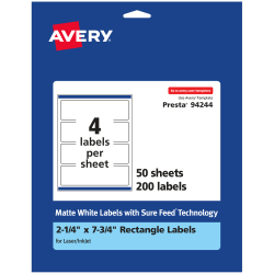 Avery® Permanent Labels With Sure Feed®, 94244-WMP50, Rectangle, 2-1/4" x 7-3/4", White, Pack Of 200