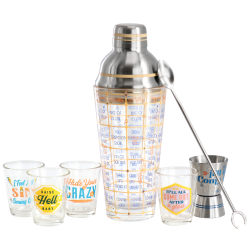 Wanda June Home Bordertown Buzz 7-Piece Glass Bar Collection With Drink Recipe Shaker Set, Tan