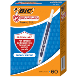 BIC® Prevaguard Round Stic Pens With Antimicrobial Additive, Medium Point, 1.0 mm, Blue Barrel, Blue Ink, Pack Of 60 Pens