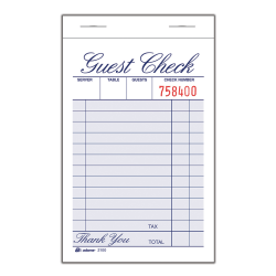 Adams® Guest Check Books, 1-Part, 3 3/8" x 5", 12 Pads Of 100 Sheets Each (1,200 Guest Checks Total)