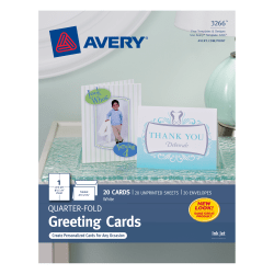 Avery® Quarter-Fold Greeting Card Stock With Envelopes, Matte White, 4.25" x 5.5", 80 Lb, Pack Of 20