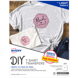 Avery® Light Fabric T-Shirt Transfers For Inkjet Printers, 3271, Pack Of 6
