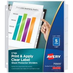 Avery® Sheet Protector Dividers For 3 Ring Binders With Easy Print & Apply Index Maker® Label Strip, 8-1/2" x 11",  5 Tab, Clear With Customizable White Tabs, 1 Set