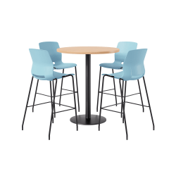 KFI Studios Proof Bistro Round Pedestal Table With Imme Barstools, 4 Barstools, Maple/Black/Sky Blue Stools