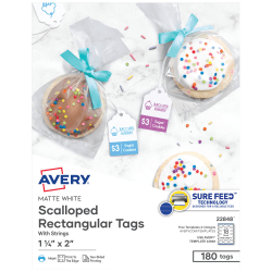Avery® Print-To-The-Edge Tags With Strings, Scalloped, 2" x 1/14", White, Pack of 180