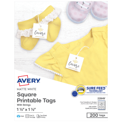 Avery® Print-To-The-Edge Tags With Strings, Square, 1 1/2" x 1 1/2", White, Pack of 200