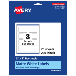 Avery® Permanent Labels With Sure Feed®, 94237-WMP25, Rectangle, 2" x 3", White, Pack Of 200