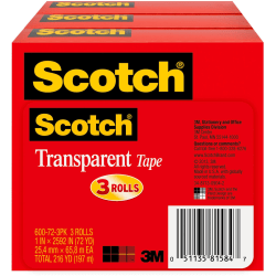 Scotch® Transparent Tape, 1 in x 2592 in, 3 Tape Rolls, Clear, School Supplies and College Essentials for Students and Teachers