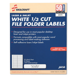 SKILCRAFT® 1/3 Cut Permanent Inkjet/Laser File Folder Labels, Rectangle, White, Box Of 50 Sheets (AbilityOne 7530-01-514-4905)