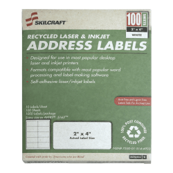 Permanent Inkjet/Laser Address Labels, NSN5144903, Rectangle, 2" x 4", White, Box Of 100 Sheets (AbilityOne 7530-01-514-4903)