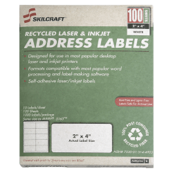 SKILCRAFT Permanent Inkjet/Laser Address Labels, NSN5144904, Rectangle, 1" x 2 5/8", White, Box Of 100 Sheets (AbilityOne 7530-01-514-4904)