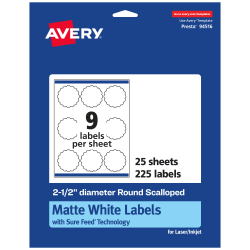 Avery® Permanent Labels With Sure Feed®, 94516-WMP25, Round Scalloped, 2-1/2" Diameter, White, Pack Of 225