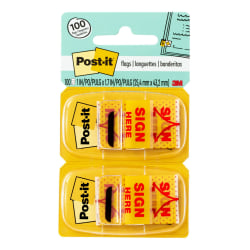 Post-it® Flags, 1 in. x 1.7 in., 12 Dispensers, 50 Flags/Dispenser, Yellow, Printed "Sign Here", School Supplies for Students, Flags for Textbooks