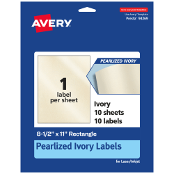 Avery® Pearlized Permanent Labels, 94269-PIP10, Rectangle, 8-1/2" x 11", Ivory, Pack Of 10 Labels