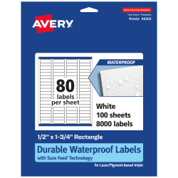 Avery® Waterproof Permanent Labels With Sure Feed®, 94203-WMF100, Rectangle, 1/2" x 1-3/4", White, Pack Of 8,000