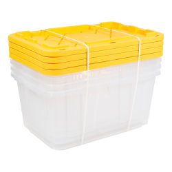 Office Depot® Brand by GreenMade® Professional Storage Totes With Handles/Snap Lids, 27 Gallon, 30-1/10" x 20-1/4" x 14-3/4", Clear/Yellow, Pack Of 4 Totes