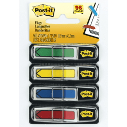 Post-it® Notes Arrow Flags, 1/2", Assorted Primary Colors, 24 Flags Per Pad, Pack Of 4 Pads