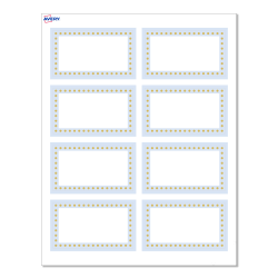 Avery® Print-To-The-Edge Cards With Sure Feed® Technology, S00-D2J-PRMWC10, Rectangle, 2" x 3-1/2", Matte White, Preprinted Blue Border with Gold Dots Design, Pack Of 80