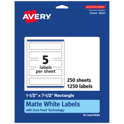 Avery® Permanent Labels With Sure Feed®, 94231-WMP250, Rectangle, 1-1/2" x 7-1/2", White, Pack Of 1,250