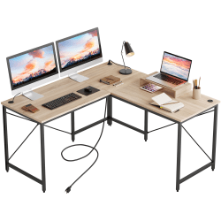 Bestier 60"W L-Shaped Corner Computer Desk With Monitor Stand & 3 Cable Holes, USB Socket, Light Oak