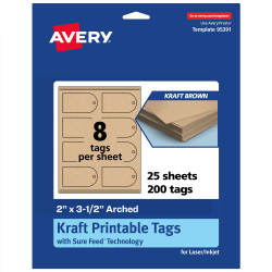 Avery® Print-To-The-Edge Tags With Sure Feed® Technology, 2"x3-1/2" Arched, Kraft Brown, Pack Of 200