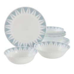 Ultra by Gibson Piper Point 12-Piece Opal Glass Dinnerware Set, White/Blue Accents