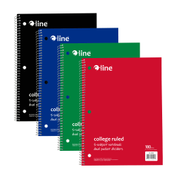 C-Line College Rule Spiral Notebooks, College Ruled, 9" x 11", 5 Subject, 180 Sheets, Assorted Colors, Pack Of 12 Notebooks