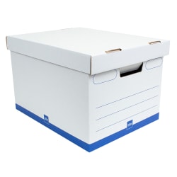 Office Depot® Brand Medium Quick Set Up Corrugated Medium-Duty Storage Boxes With Lift-Off Lids And Built-In Handles, Letter/Legal Size, 15" x 12" x 10", White/Blue, Pack Of 5