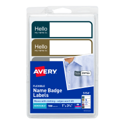 Avery® Flexible Name Badge Labels, Rectangle, 5154, 1" x 3 3/4", Assorted Colors, Pack Of 100