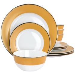 Martha Stewart Gold Rimmed 12-Piece Fine Ceramic Dinnerware Set, Yellow