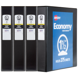 Avery® Economy View 3 Ring Binders, 1-1/2" Round Rings, Black, Pack Of 4