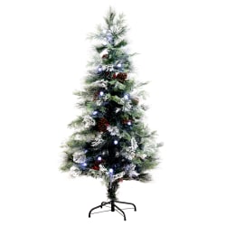 Nearly Natural Flocked Pine 60"H Artificial Fiber Optic Christmas Tree With Pinecones, Berries And LED Lights, 60"H x 33"W x 33"D, Green