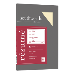 Southworth® 100% Cotton Résumé Paper, 8 1/2" x 11", 24 Lb, 100% Recycled, Ivory, Pack Of 100
