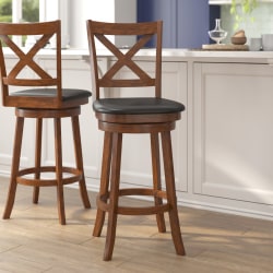 Flash Furniture Felicity Commercial Grade Wood Classic Crossback Swivel Bar Barstool with Padded, Upholstered Seat, Black Vinyl/Antique Oak Frame