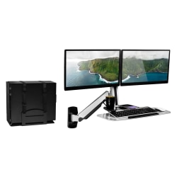 Mount-It! MI-7906 36"W Sit-Stand Dual-Monitor Wall-Mount Workstation With Articulating Keyboard Tray Arm And CPU Holder, Silver