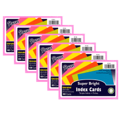Pacon Index Cards, 5 Super Bright Assorted Colors, Unruled, 4" x 6", 100 Cards Per Pack, Set Of 6 Packs