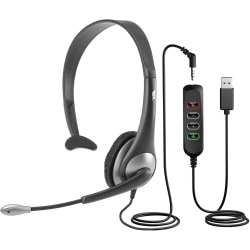 Cyber Acoustics Mono 3.5mm & USB Controller Over-The-Head Headset, Monaural, Ear Cup, 7' Cable, Uni-Directional, Noise Cancelling Microphone, Black