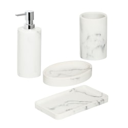 Honey Can Do Marble Bath Accessory Set, 7-3/16"H x 11-5/16"W x 10-3/8"D, White, Set Of 4 Containers