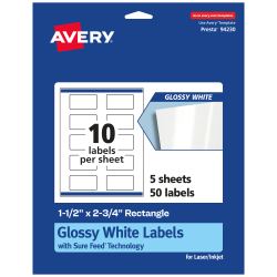 Avery® Glossy Permanent Labels With Sure Feed®, 94230-WGP5, Rectangle, 1-1/2" x 2-3/4", White, Pack Of 50