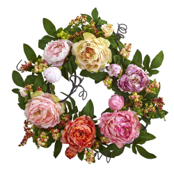 Nearly Natural Mixed Peony & Berry 20"H Plastic Wreath, 20"H x 20"W x 2"D, Multicolor