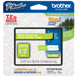 Brother® TZe-MQG35 White-On-Lime Green Tape, 0.5" x 196.8"