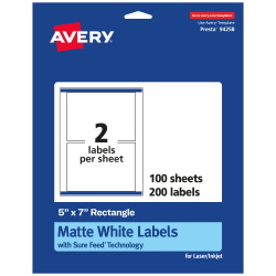 Avery® Permanent Labels With Sure Feed®, 94258-WMP100, Rectangle, 5" x 7", White, Pack Of 200