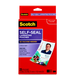 3M™ Scotch™ Self-Laminating Pouches, For Clip Style ID Badges, 4 1/16" x 2 5/16", Box Of 25