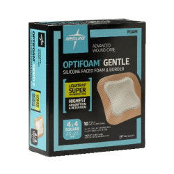Medline Optifoam® Gentle Silicone-Faced Foam & Border With Liquitrap™ Core Dressings, 4" x 4", Natural, Case Of 100