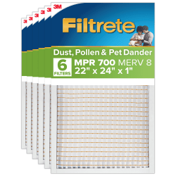 Filtrete™ 22 x 24 x 1 Air Filter, 6 HVAC Filters, MPR 700, Merv 8, Dust, Pollen & Pet Dander, 3 Month Pleated 1 Inch Electrostatic Air Filters