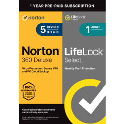 Norton™ 360 Deluxe + LifeLock Select, For 5 Devices, 1-Year Subscription, Product Key