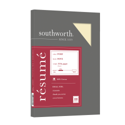 Southworth® 100% Cotton Résumé Paper, 8 1/2" x 11", 32 Lb, 100% Recycled, Ivory, Pack Of 100