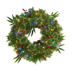 Nearly Natural 24"H Mixed Pine Artificial Christmas Wreath With 50 Multicolor LED Lights, Berries And Pine Cones, 24" x 5", Green
