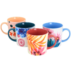 Spice by Tia Mowry Goji Blossom Fine Ceramic 4-Piece Mug Set, 17 Oz, Multicolor